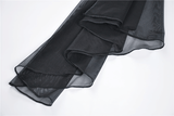 Black sheer mesh fabric draped elegantly, perfect for gothic and stylish apparel designs.