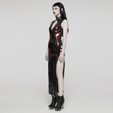 Chic Long Black Vinyl Dress with Stylish Red Ribbons