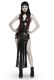 Chic Long Black Vinyl Dress with Stylish Red Ribbons