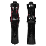 Chic Long Black Vinyl Dress with Stylish Red Ribbons