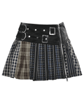 Chic Plaid and Striped Skirt with Faux Leather Waist