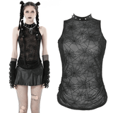 Chic Punk Sleeveless Tee with Spiderweb Mesh