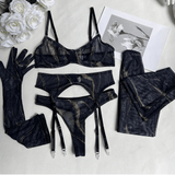 Chic Sheer Mesh Lingerie Set with Garter Belts and Gloves - EVE's SECRETS