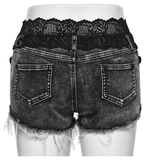 Chic Women's High-Waisted Denim Shorts with Lace Trim