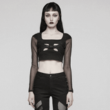 Crop Top Black with Mesh Sleeves and Skull Buckle