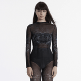 Cyberpunk Futuristic Mesh Long-Sleeve Top with Skull Design