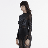 Cyberpunk Futuristic Mesh Long-Sleeve Top with Skull Design