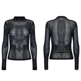 Cyberpunk Futuristic Mesh Long-Sleeve Top with Skull Design