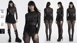 Cyberpunk Futuristic Mesh Long-Sleeve Top with Skull Design