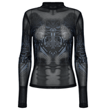 Cyberpunk Futuristic Mesh Long-Sleeve Top with Skull Design