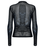 Cyberpunk Futuristic Mesh Long-Sleeve Top with Skull Design