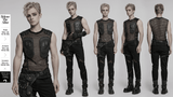 Cyberpunk Mesh Top for Men with Studded Faux Leather Design