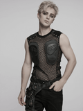 Cyberpunk Mesh Top for Men with Studded Faux Leather Design