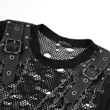 Cyberpunk Ripped Mesh Top with Buckled Shoulder Straps