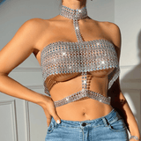 Erotic Sparkling Rhinestone Halter Crop Top Glamour Wear