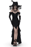 Dark Gothic Lace Off-Shoulder Dress with Ruffles and Pearls