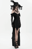 Dark Gothic Lace Off-Shoulder Dress with Ruffles and Pearls
