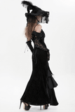 Dark Gothic Lace Off-Shoulder Dress with Ruffles and Pearls