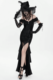 Dark Gothic Lace Off-Shoulder Dress with Ruffles and Pearls