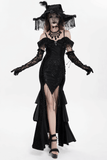 Dark Gothic Lace Off-Shoulder Dress with Ruffles and Pearls