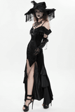Dark Gothic Lace Off-Shoulder Dress with Ruffles and Pearls