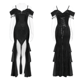 Dark Gothic Lace Off-Shoulder Dress with Ruffles and Pearls