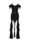 Dark Gothic Lace Off-Shoulder Dress with Ruffles and Pearls
