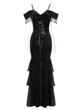 Dark Gothic Lace Off-Shoulder Dress with Ruffles and Pearls