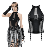 Dark Mesh Halter Crop Top with Buckle and Panels