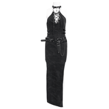 Edgy black halter dress with chains, buckles, and high slit, perfect for alternative fashion and bold looks.