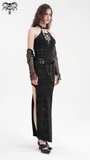 Striking black halter dress with chains and buckles, featuring a high slit, perfect for edgy alternative fashion.