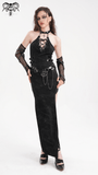 Striking black halter dress with chains and buckles, featuring a high slit and lace-up front for edgy elegance.