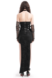 Back view of an edgy black halter dress with chains and buckles, featuring a high slit for an alternative fashion vibe.