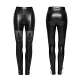 Edgy Gothic Mesh Lace-Up Rubberized Leggings for Women