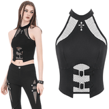 Edgy Halter Crop Top with Fishnet Panels and Buckle Accents