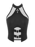Edgy Halter Crop Top with Fishnet Panels and Buckle Accents