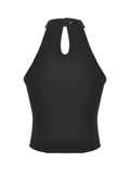 Edgy Halter Crop Top with Fishnet Panels and Buckle Accents