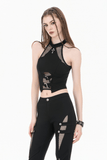 Edgy Halter Crop Top with Fishnet Panels and Buckle Accents