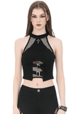 Edgy Halter Crop Top with Fishnet Panels and Buckle Accents