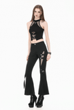 Edgy Halter Crop Top with Fishnet Panels and Buckle Accents