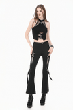 Edgy Halter Crop Top with Fishnet Panels and Buckle Accents