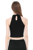 Edgy Halter Crop Top with Fishnet Panels and Buckle Accents