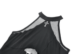 Edgy Halter Crop Top with Fishnet Panels and Buckle Accents