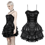 Edgy Layered PU Leather Punk Dress with Ruffle Lace Trim