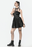 Edgy Leather Dress with Zipper Back and Metal Chain Accents