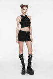 Edgy Mini Denim Skirt with Elastic Belt and Mesh Inserts