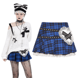 Edgy Plaid Mini Skirt with Lace Trimmed and Rivets