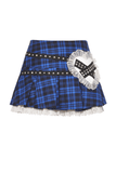 Edgy Plaid Mini Skirt with Lace Trimmed and Rivets