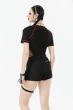 Edgy Pleated Shorts with Eyelet Accents and O-Ring Strap