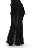 Elegant Black Fishtail Lace Maxi Skirt with Frills